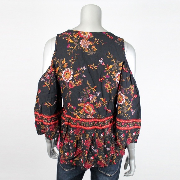 NWT XHILARATION BLK FLORAL COLD SHOULDER SHIRT LG - Picture 3 of 3